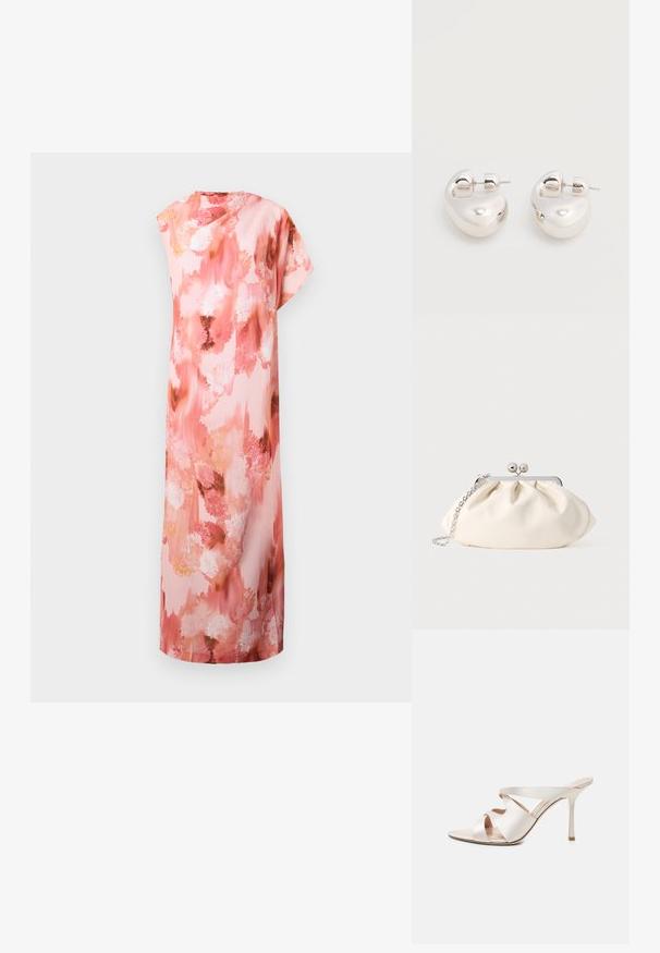 Vestido maxi floral en suaves tonos rosa y melocotón, con un patrón abstracto de acuarela, mangas cortas y una silueta relajada.; Mule beige de tacón alto con punta afilada, tacón fino de tipo stiletto y tres amplias tiras de cuero cruzando el pie.; Bolso de mano de tela color crema con diseño fruncido, marco metálico plateado, dos bolas decorativas y correa de cadena plateada.; Par de pendientes llamativos de aro grueso plateado brillante con cierre de poste sobre un fondo blanco liso.