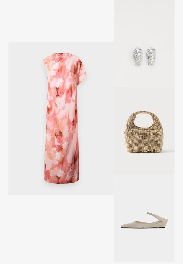 Vestido maxi floral en suaves tonos rosa y melocotón, con un patrón abstracto de acuarela, mangas cortas y una silueta relajada.; Zapato slingback beige con tacón cuña bajo, puntera puntiaguda y acabado mate suave, mostrado de perfil sobre fondo blanco.; Bolso pequeño de tono dorado cubierto de tachuelas redondas brillantes con un asa corta y un recorte rectangular en la parte superior.; Pendientes de clip plateados con un diseño en espiral, que presentan una textura metálica suave y formas redondeadas. Sin adornos ni patrones visibles.