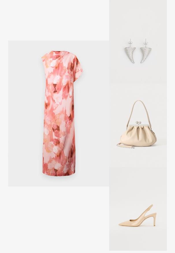 Vestido maxi floral en suaves tonos rosa y melocotón, con un patrón abstracto de acuarela, mangas cortas y una silueta relajada.; Tacón slingback de charol nude con punta afilada, empeine abierto y un delgado tacón stiletto. Presenta un acento dorado circular en la correa.; Bolso de mano de cuero suave beige con cierre de marco metálico plateado, una correa para el hombro y una correa de cadena opcional sobre un fondo blanco.; Pendientes en forma de cuerno plateado, engastados con pequeñas piedras transparentes, que cuentan con un cierre trasero para su sujeción. Textura suave y acabado metálico.