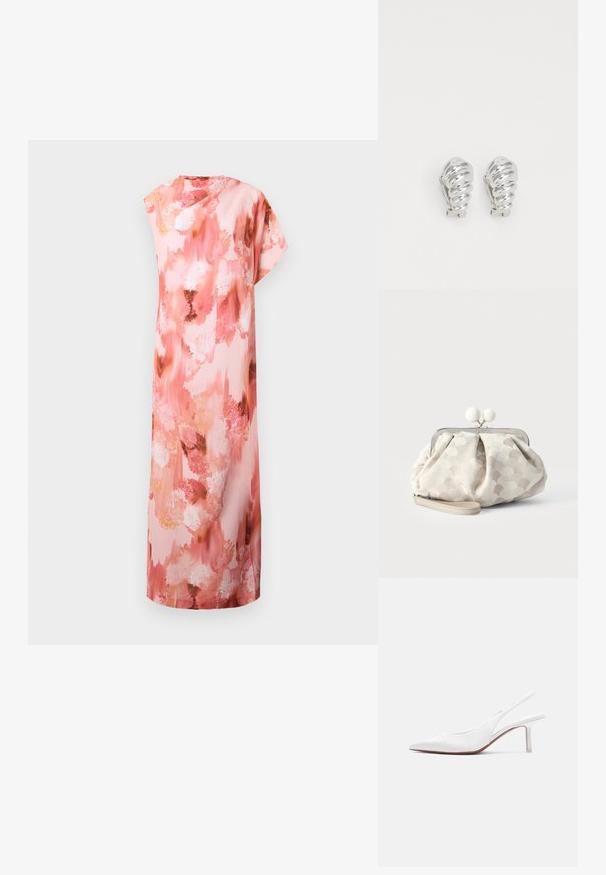 Robe maxi florale dans des teintes douces de rose et de pêche, arborant un motif aquarelle abstrait, des manches courtes et une silhouette décontractée.; Chaussure pour femme en cuir blanc avec bride arrière, bout pointu, petit talon kitten bas et petit nœud décoratif sur le dessus, vue de profil latéral.; Petit sac pochette beige avec tissu texturé à pois, cadre argenté, fermoir rond blanc et bracelet de poignet amovible sur fond uni.; Boucles d'oreilles en clip argentées avec un design en spirale, présentant une texture métallique lisse et des formes arrondies. Pas d'embellissements ou de motifs visibles.