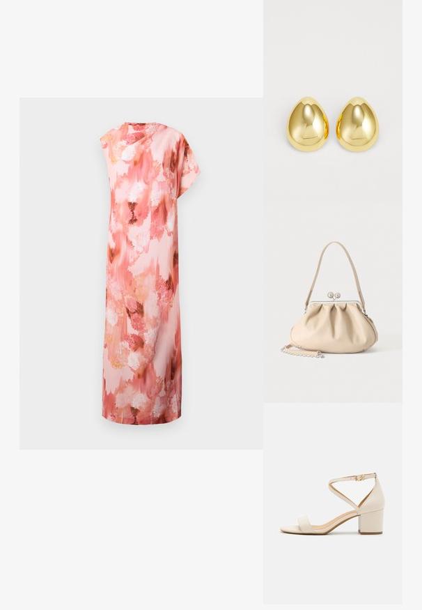 Vestido maxi floral en suaves tonos rosa y melocotón, con un patrón abstracto de acuarela, mangas cortas y una silueta relajada.; Sandalias de tacón bloque en color beige que presentan un diseño minimalista, punta abierta y una correa ajustable en el tobillo con detalle de hebilla dorada. Textura suave.; Bolso de mano de cuero suave beige con cierre de marco metálico plateado, una correa para el hombro y una correa de cadena opcional sobre un fondo blanco.; Pendientes de studs de color dorado con una superficie lisa y pulida en forma de lágrima, que reflejan la luz para un acabado brillante.