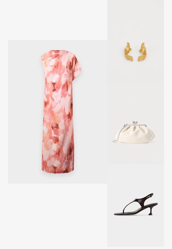 Florale maxi-jurk in zachte roze en perzische tinten, met een abstract aquarelpatroon, korte mouwen en een ontspannen silhouet.; Donkerbruine lakleren slingbacksandaal met kittenheel en teenbandje op witte achtergrond.; Crèmekleurige stoffen clutch met een geplooid ontwerp, een zilverkleurig metalen frame, twee decoratieve balletjes en een zilveren kettingriem.; Gouden oorbellen met een twisted leaf ontwerp, versierd met kleine fonkelende stenen, en met een stekerbevestiging.