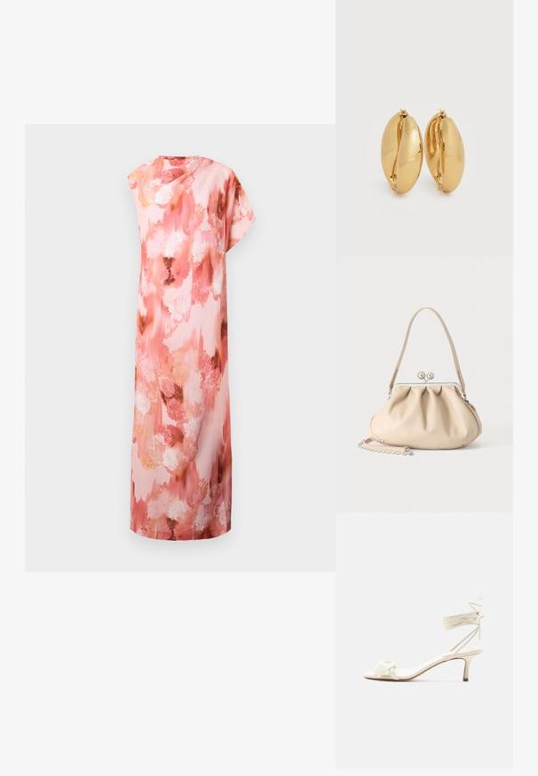 Florale maxi-jurk in zachte roze en perzische tinten, met een abstract aquarelpatroon, korte mouwen en een ontspannen silhouet.; Roomkleurige sandalen met lage hak, enkelriempjes en een brede gedraaide band over de tenen, op een effen witte achtergrond.; Beige zachte leren handtas met een zilveren metalen frame sluiting, een enkele schouderriem en een optionele kettingriem op een witte achtergrond.; Een paar gepolijste oorbellen van goudkleurig metaal met een dik, licht ovaal, robuust ontwerp en scharnierklemmen op een witte achtergrond.