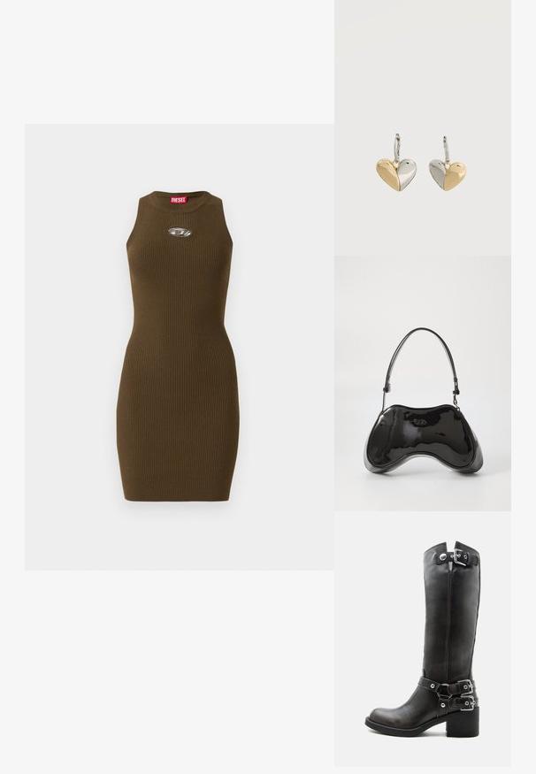 Mouwloze, ribbelige, bruine gebreide jurk met ronde hals, aansluitende silhouet, ovale metallic logo detail op de borst en een rood merlabel aan de binnenkant van de kraag.; Hoge zwarte leren laars met een forse hak en drie verstelbare zilveren gespen op de schacht en enkel.; Zwarte gepatenteerde leren handtas met een unieke gebogen vorm, korte verstelbare handgreep en een ritsopening. Glad uiterlijk met subtiele branding.; Paar hartvormige oorbellen met een tweekleurig ontwerp, waarbij de ene helft goud is en de andere zilver, bevestigd aan zilveren haken.