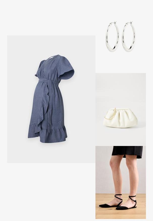Blaues Wickelkleid aus strukturiertem Stoff mit kurzen Rüschensäumen, einem taillierten Bund und einem ausgestellten Saum mit Rüschendetail.; Schwarze Wildleder-Flatsandalen mit spitzem Zehenbereich, ausgestattet mit Knöchelriemen, die sich überkreuzen, und einem Schnallenverschluss. Glatte Textur und minimalistisches Design.; Weiße Lederhandtasche mit einem gerafften Design, ausgestattet mit einem goldenen Kettenriemen und einer runden Form. Glatte Textur mit sanften Falten und ohne Muster.; Silberne Creolen mit einer glatten, glänzenden Oberfläche. Kreisform, ausgestattet mit einem sicheren Verschluss. Einfaches und elegantes Design.