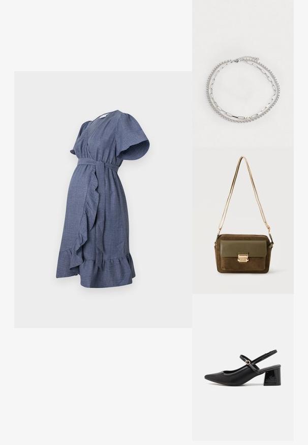 Sinine kätikudress, mis on valmistatud tekstuurilisest kangast, lühikeste volangkäistega, vöökoht ja flared hem, millel on volangdetail.; Mustad läikivad nahast slingback-kõrged kontsad, millel on terav nina, ümar lõikekujundus ja blokknina. Omab kuldset nupu aktsenti.; Pruunin veluuriga risti keha koti oliivrohelise nahast klapi ja kuldselt toonitud klambriga, õhukese reguleeritava õlarihmaga.; Hõbedane käevõru, mis koosneb kolmest nöörist: üks väikeste helmestega, teine ovaalsete linkidega ja kolmas lamede ribadega. Omab kettide pikendust, et võimaldada reguleeritavust.