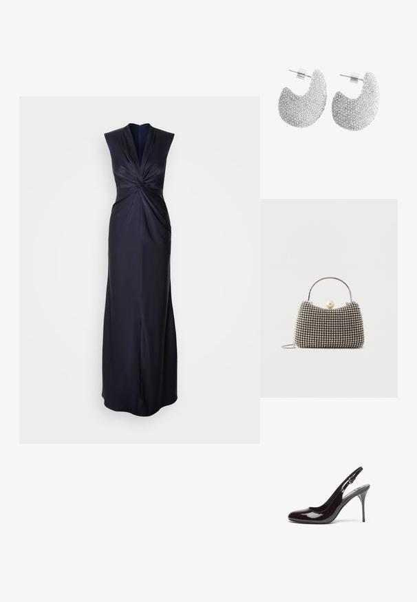 Sinsitön tummansininen iltapuku sileästä kankaasta, jossa on kiertävä vartalokappale ja sivuhalkio, lattiapituinen malli ja korkea kaula-aukko.; Bordeaux patenttino nahka slingback-korkokengät pyöreällä kärjellä, kapealla korkokengällä ja säädettävällä hihnalla. Luja pinta kiiltävällä pinnalla.; Pieni käsilaukku hopeanvärisellä ruudukkomallilla, kaarev kahva, suuri helmiäisnappi ja ohut hopeaketjuside yksivärisellä taustalla.; Hopeanväriset, puolikuun muotoiset nappikorvakorut, joiden pinta on koristeltu teksturoiduilla pyöreillä kuvioilla, suorat nastat ja perhossulkimet.
