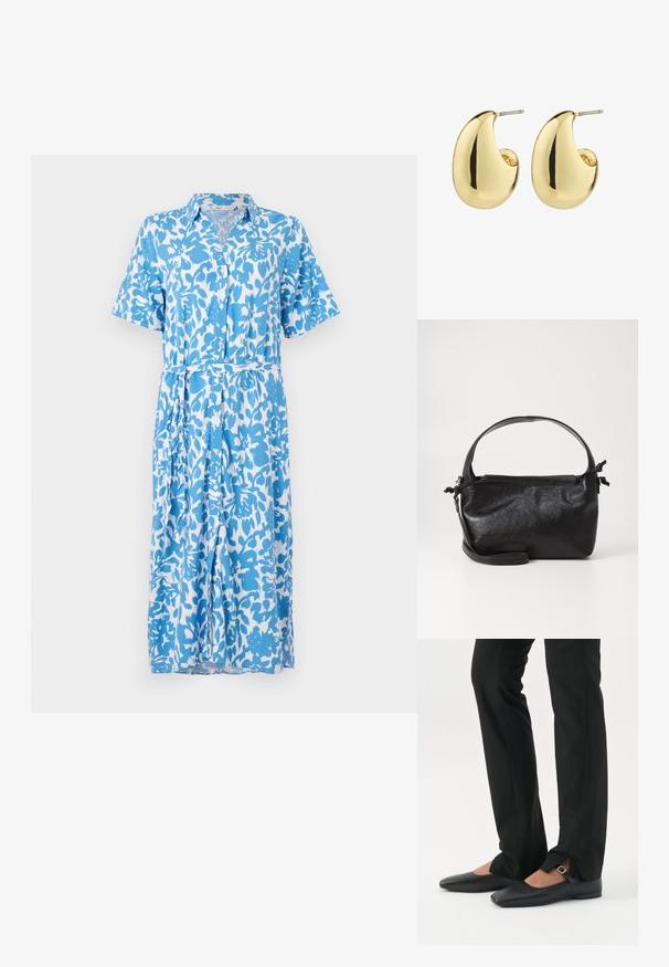 Korte mouw shirtjurk in een blauw-witte bloemenpatroon, met knoopsluiting, kraag, tailleband en een lengte tot de knie. Zachte stoftextuur.; Benen met zwarte smalle broek met voorsplitten aan de zoom, gecombineerd met zwarte platte Mary Jane-schoenen met een klein gespje.; Zwarte leren handtas met een gestructureerd ontwerp, een ronde bovenhandgreep en een afneembare schouderriem. Beschikt over een gladde textuur en een subtiele glans.; Gouden studs met een gladde, gepolijste afwerking, in een abstracte, druppelvorm. Eenvoudige metalen achterzijde voor bevestiging.