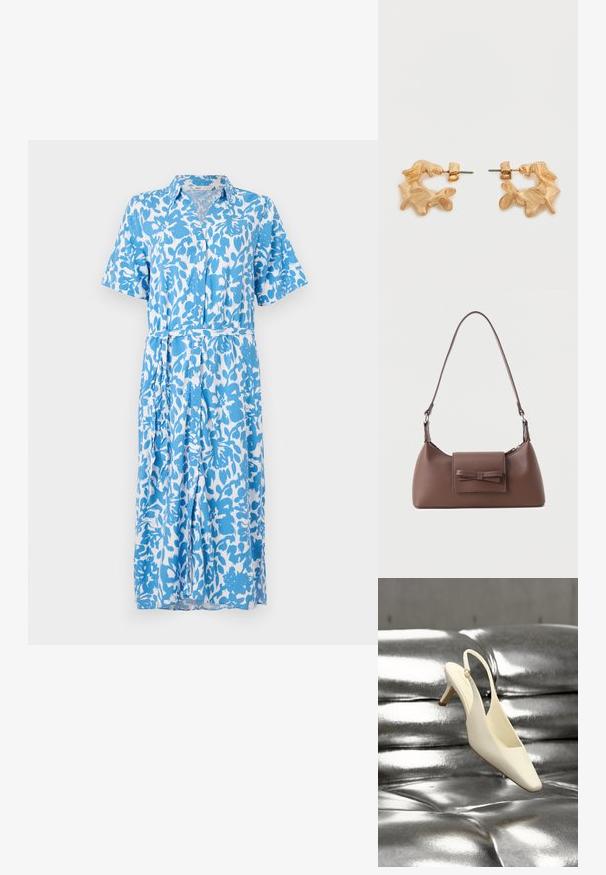 Vestido de camisa de manga corta en un patrón floral azul y blanco, con cierre de botones, cuello, cinturón en la cintura y dobladillo a la altura de la rodilla. Textura de tela suave.; Zapato de tacón bajo tipo kitten slingback color crema con punta cuadrada, descansando sobre una superficie de cuero plateado acolchada y brillante.; Bolso bandolera de cuero marrón con un bolsillo frontal de solapa que presenta un detalle de moño cosido y una correa ajustable.; Pendientes de tono dorado con una forma abstracta y orgánica, que presentan una superficie texturizada y un cierre de poste trasero.