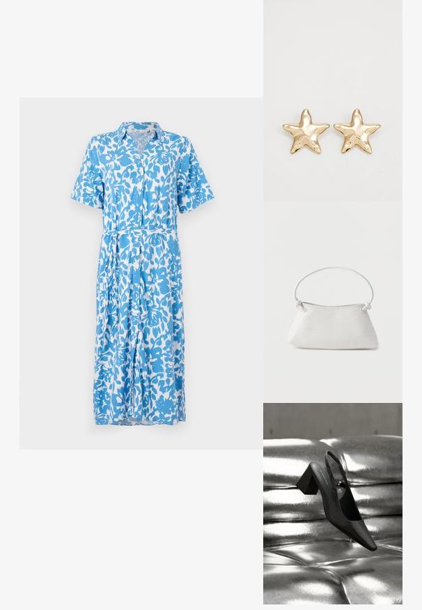 Vestido de camisa de manga corta en un patrón floral azul y blanco, con cierre de botones, cuello, cinturón en la cintura y dobladillo a la altura de la rodilla. Textura de tela suave.; Tacón destalonado negro con punta en forma de pico, con superficie texturizada y tacón ancho y grueso. Colocado sobre un fondo metálico brillante.; Bolso de mano de cuero blanco tejido con asa redondeada y extremos de la correa anudados, exhibido sobre un fondo liso.; Pendientes en forma de estrella dorada con un acabado suave y brillante y un diseño tridimensional, que presentan cinco puntas y una textura ligeramente curvada.