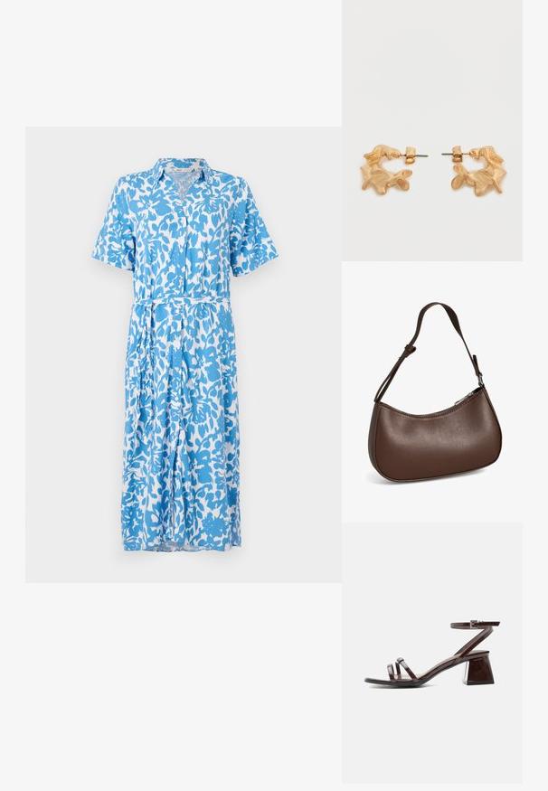 Vestido de camisa de manga corta en un patrón floral azul y blanco, con cierre de botones, cuello, cinturón en la cintura y dobladillo a la altura de la rodilla. Textura de tela suave.; Sandalia de charol marrón oscuro con tacón bloque, tira en el tobillo con hebilla y dos tiras finas sobre los dedos, sobre fondo blanco.; Pequeño bolso bandolera de cuero marrón con correa ajustable y cierre de cremallera, mostrado sobre un fondo blanco. Sin logotipos ni adornos visibles.; Pendientes de tono dorado con una forma abstracta y orgánica, que presentan una superficie texturizada y un cierre de poste trasero.