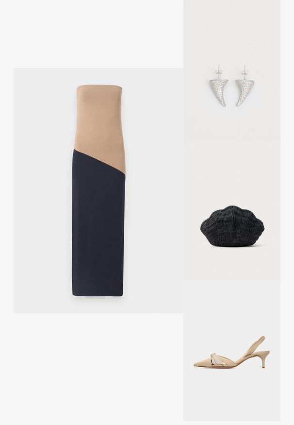 Vestido ajustado sin tirantes con parte superior beige y parte inferior azul marino oscuro, que presenta un detalle de costura diagonal, confeccionado en una tela suave y elástica.; Zapato slingback beige de punta estrecha con detalle de nudo decorativo en la parte superior y un tacón bajo y delgado tipo kitten heel.; Bolso de mimbre negro con forma de concha de vieira con parte superior curva y textura tejida sobre un fondo liso.; Pendientes en forma de cuerno plateado, engastados con pequeñas piedras transparentes, que cuentan con un cierre trasero para su sujeción. Textura suave y acabado metálico.
