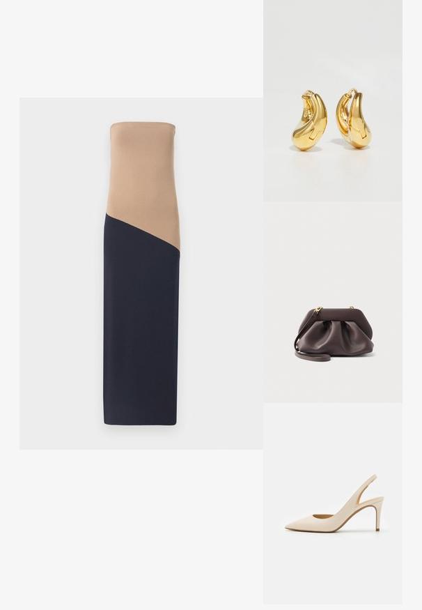 Strapless, tætsiddende kjole med en beige top og en mørkeblå bund, der har en diagonal sømdetalje, lavet af et glat, strækbart stof.; Beige læder slingback-pumpe med spids tå og en tynd høj hæl. Har en udskæring ved hælen og en glat finish.; Mørkebrun blød skindclutch med guldfarvet hardware og aftagelig rem, med et rynket, samlet design på en ensfarvet baggrund.; Guldringeøreringe med en glat, buet form og poleret overflade. Udstyret med en lukkeanordning og lette fordybninger for detaljer.