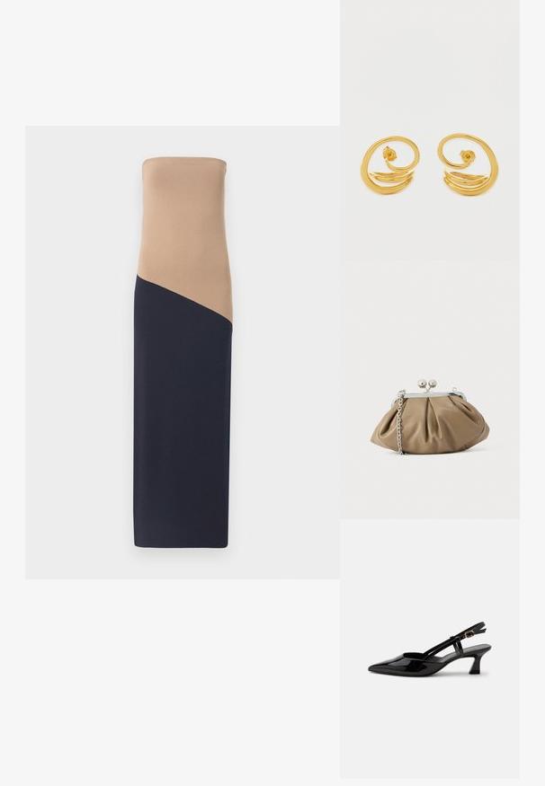 Vestido ajustado sin tirantes con parte superior beige y parte inferior azul marino oscuro, que presenta un detalle de costura diagonal, confeccionado en una tela suave y elástica.; Zapato slingback de charol negro con tacón bajo, punta puntiaguda y correa ajustable con hebilla dorada sobre fondo blanco.; Clutch de cuero en beige suave con forma redondeada, textura plisada, cierre de broche plateado y una correa de cadena desmontable.; Pendientes de aro de oro con un diseño en espiral, superficies lisas y brillantes, y una estética sencilla y moderna.