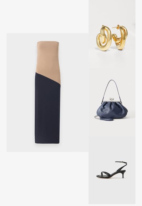 Strapless, tætsiddende kjole med en beige top og en mørkeblå bund, der har en diagonal sømdetalje, lavet af et glat, strækbart stof.; Sort damesandal i læder med tynde remme, en tå-loop, ankelspænde og en mellemhøj stiletthæl på en neutral baggrund.; Blød navyblå læderhåndtaske med sølv lukning, enkelt skulderrem og aftagelig kæde til håndleddet på hvid baggrund.; Charlotte Chesnais BO INITIAL BLOW - Øreringe - gold-coloured