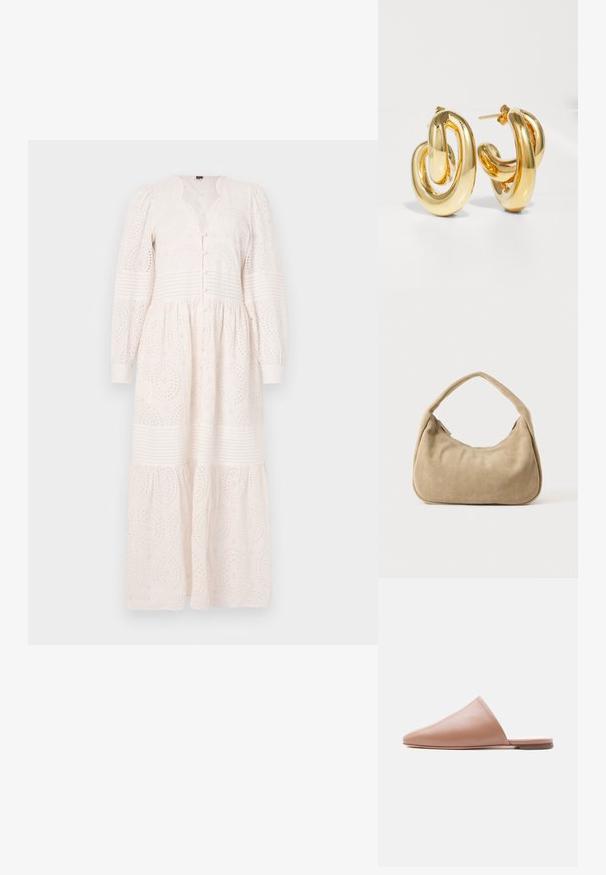 Hvid, langærmet kjole med knaplukning, struktureret materiale med broderede mønstre og en tiered nederdel.; Beige læder mule uden hæl med spids tå og flad sål, vist i sideprofil på en ensartet lys baggrund.; Lille beige ruskind skuldertaske med blødt, buet design og en enkelt tyk rem mod en ensfarvet baggrund.; Charlotte Chesnais BO INITIAL BLOW - Øreringe - gold-coloured