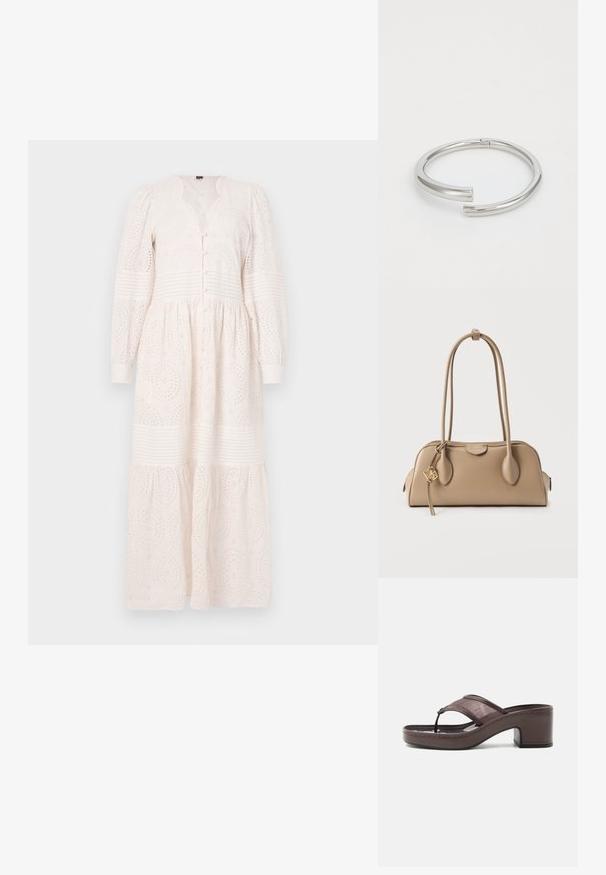 Hvid, langærmet kjole med knaplukning, struktureret materiale med broderede mønstre og en tiered nederdel.; Brun sandal med hæl med mesh-rem og tæst design, med blokhæl og syet sål, vist i profil mod hvid baggrund.; Beige håndtaske med glat lædertekstur. Rund form, to lange håndtag og en gulddetalje på lynlåsen.; Calvin Klein SPIRAL - Armbånd - silver-coloured