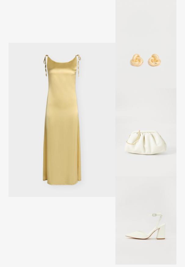 Robe longue sans manches en satin or pâle avec fines bretelles à nouer aux épaules et encolure droite.; Sandale blanche à talon avec un bout pointu, sangle de cheville réglable et un talon carré épais. Texture lisse avec des détails de couture minimaux.; Sac à main en cuir blanc avec un design plissé, doté d'une bandoulière en chaîne dorée et d'une forme arrondie. Texture lisse avec des plis doux et sans motifs.; Paire de clous d'oreilles en forme de nœud, couleur or brillant, sur un fond blanc uni.