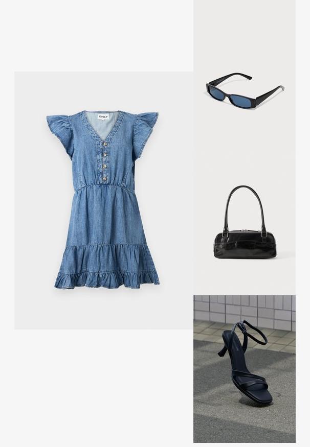 Denim kleit lühikeste rippuvate varrukatega, V-kaelusega ja viie esipnööriga. Omab kihilist seelikut ja kokku pandud vööd, et saavutada mugav istuvus.; Mustad rihmikud kontsakingadega ja pahkluu pandlaga, hõljuvad tekstuurse halli kõnnitee kohal, taustal plaatidest sein.; Mustad mustad mustade, elegantsest ristkülikukujulisest raamistikust ja sinistest objektiividest. Omab siledat tekstuuri ja tugevaid templeid. Kaubamärgi logo küljel.; Must must beebkott, millel on ristkülikuline kuju, ühekordne tahke käepide, hõbedased detailid ja lukuga sulgemine. Sile tekstuur.