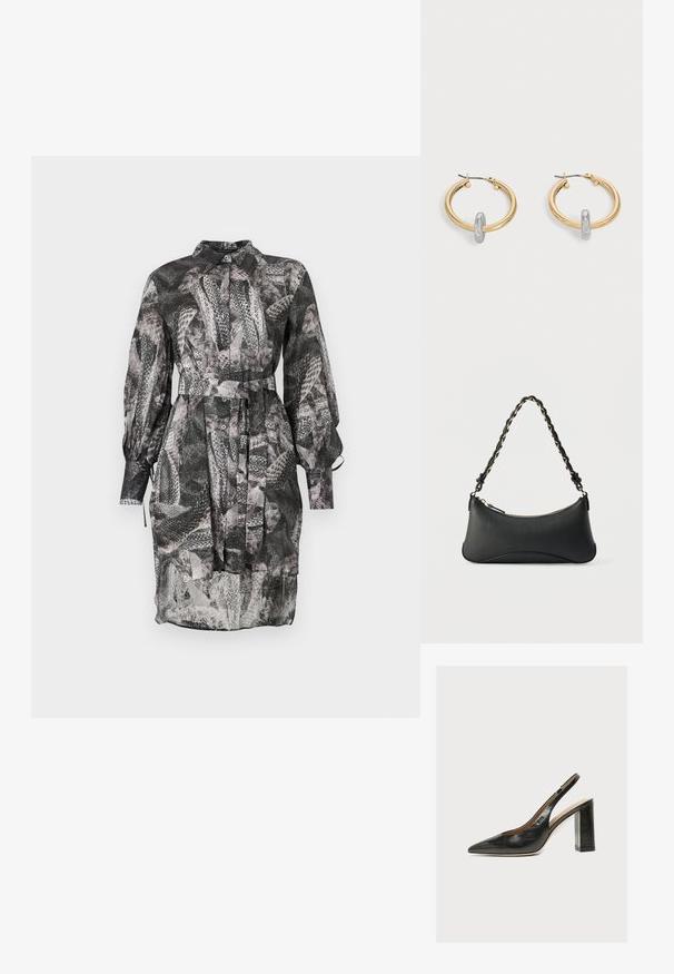 Schwarz-weißer gemusterter Kleid mit einem Kragen-Ausschnitt, langen Ärmeln, Knopfleiste und einem Bindegürtel in der Taille. Durchscheinender Stoff.; Schwarzer Leder-Damenslingback-Schuh mit spitzer Zehenpartie und dickem hohem Blockabsatz vor weißem Hintergrund.; Schwarze Lederschultertasche mit gewölbter rechteckiger Form, goldener Kette, die in den geflochtenen schwarzen Riemen eingewebt ist, und Reißverschlussverschluss oben.; Paar goldfarbene Creolen mit kleinem silberfarbenem Schlaufen-Detail an jeder, vor hellem grauem Hintergrund präsentiert.