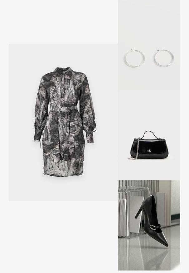 Vestido de patrón blanco y negro con escote de piel, mangas largas, cierre de botones en la parte delantera y un cinturón de lazo en la cintura. Tela transparente.; Zapato de tacón alto negro con puntera y correa con hebilla plateada, colocado sobre una superficie reflectante cerca de un organizador de archivos metálico que sostiene papeles.; Bolso de mano de cuero negro con correa de cadena, forma estructurada y un acento de logo plateado. Textura suave con cierre de solapa.; Pendientes de aro de metal plateado con superficie lisa y ligeramente curvada y cierre de tipo mosquetón sobre un fondo blanco liso.