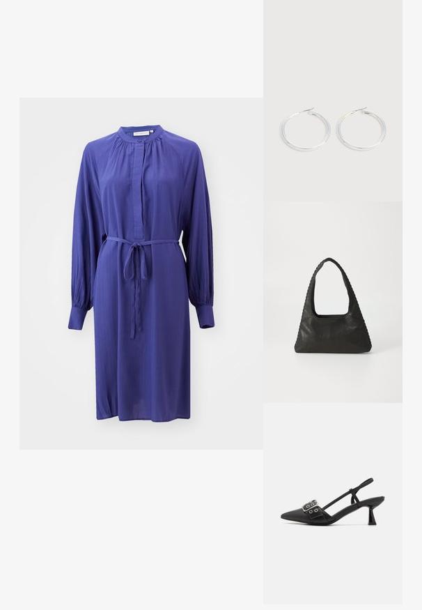 Lila, langärmliges Kleid aus leichtem Stoff, mit einem knopfverzierten, hohen Kragen und einer Taillenschnürung für eine verstellbare Passform. Strukturierte Oberfläche.; Simmi London DALA - Pumps - black; Schwarze Lederhandtasche mit dreieckiger Form, einem großen Ausschnittgriff und detaillierter Naht entlang der Kanten. Glatte Textur.; Paar glänzende silberne Creolen mit dünnen Drahtverschlüssen, dargestellt vor einem hellgrauen Hintergrund.