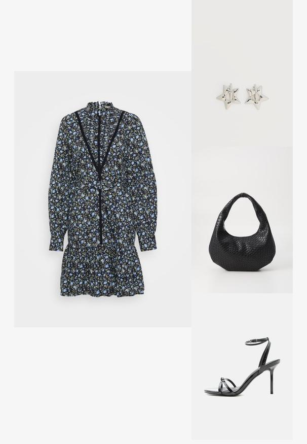 Zwarte bloemenjurk met lange mouwen, gerimpelde zoom en een hoge halslijn. Beschikt over blauwe bloemen en groene accenten, met kantdetails langs de halslijn.; Zwarte lakleren sandaal met hoge hak, met dunne bandjes die over de tenen kruisen en een enkelriempje met gesp op een witte achtergrond.; Zwarte geweven handtas met een gebogen handvat, met een gestructureerd oppervlak en een slouchy vorm. Gladde afwerking met een organische silhouette.; Zilverkleurige stervormige oorringen met een gladde, gepolijste afwerking op een effen witte achtergrond.