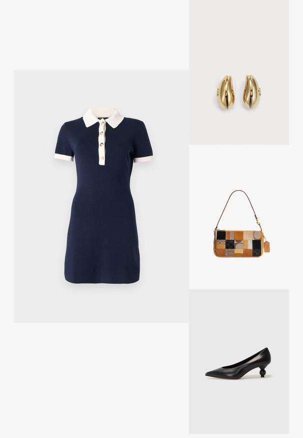 Robe bleu marine à manches courtes avec col blanc, poignets blancs et une patte de boutonnage frontale avec quatre boutons.; Chaussure à talon haut en cuir noir avec un bout pointu et un talon arrondi. Texture lisse avec un design épuré et minimal.; Sac à bandoulière rectangulaire patchwork avec une sangle en cuir cognac, comportant des carrés de cuir et de tissu dans des tons marron, noir et beige avec une étiquette Coach.; Boucles d'oreilles en ton or avec un design fluide et courbé. Chaque boucle d'oreille présente une surface lisse et un petit fermoir avec un détail décoratif.