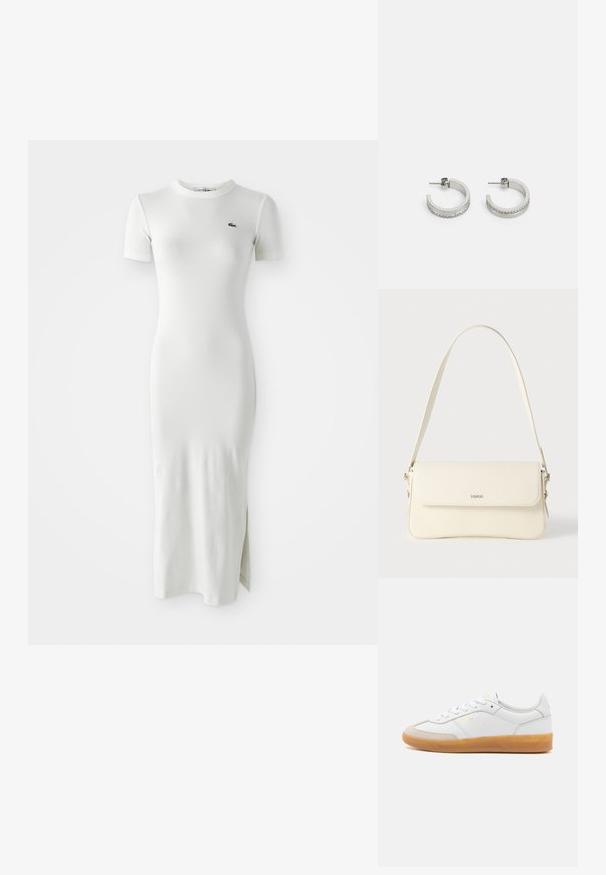Hvid ribbet midi kjole med korte ærmer, rund halsudskæring og sideslids. Har et lille grønt logo på brystet. Glat, tætsiddende tekstur.; Hvide lædersneakers med beige ruskindsdetaljer, gummisål og snøredesign. Har diskret branding i guld.; Cremefarvet læder skuldertaske med flaplukning, sølvfarvet beslag, en enkelt justerbar rem og diskrete logodetaljer.; Sølvøreringe i hoop-stil med en glat overflade og en række små klare sten langs den nederste kant, med en post-back lukning.