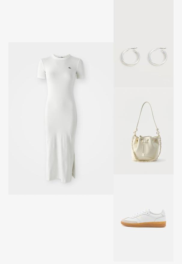 Vestido midi blanco de canalé con mangas cortas, cuello redondo y abertura lateral. Cuenta con un pequeño logo verde en el pecho. Textura suave y ajustada.; Zapatilla de cuero blanca con acentos de ante beige, suela de goma y diseño de cordones. Presenta un sutil logo en dorado.; Bolso bombonera de cuero crema con cierre de cordón, cadena trenzada y correa de cuero para el hombro, y ojales en tono dorado.; Par de pendientes de aro plateados brillantes de tamaño mediano con cierres metálicos finos sobre un fondo neutro claro.