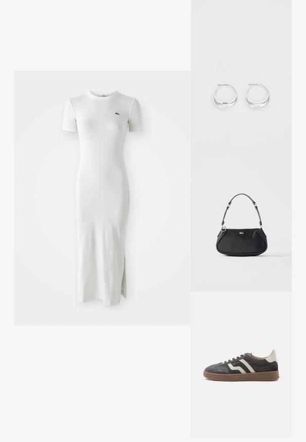 Vestido midi blanco de canalé con mangas cortas, cuello redondo y abertura lateral. Cuenta con un pequeño logo verde en el pecho. Textura suave y ajustada.; Zapatilla baja de pana gris con rayas laterales blancas, lengüeta beige en el talón, cordones blancos y suela de goma marrón.; Bolso de hombro negro con correa ajustable, cierre de cremallera y pequeño logo plateado de cocodrilo en el centro delantero.; Pendientes de aro de plata con un acabado pulido y la marca DKNY, exhibidos sobre un fondo blanco liso.