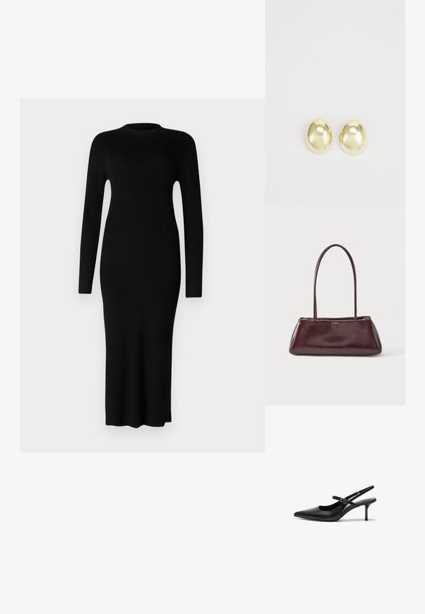 Must have mustriba midi kleit pikkade varrukatega, ümar kaelus ja külgsuul. Valmistatud tekstureeritud kudumkangast, liibuv siluett.; Mustad nahast slingback-kontsad terava varba ja peene reguleeritava rihmaga, umbes 5 cm kõrguse stiletto-kontsaga, siledast tekstuurist.; Tumedat pruun ristkülikukujuline nahast käekott pikkade õhukeste rihmade ja kuldse lukkudega, ALDO logo esipinnal keskel.; Kuldtoonilised metallist nööp kõrvarõngad, millel on sile, ümar kuju ja poleeritud viimistlus. Lihtne disain ilma lisakaunistusteta.