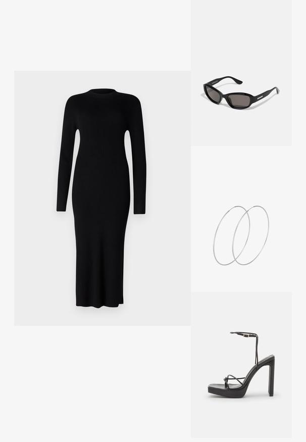 Must have mustriba midi kleit pikkade varrukatega, ümar kaelus ja külgsuul. Valmistatud tekstureeritud kudumkangast, liibuv siluett.; DeeZee Kõrge kontsaga sandaalid - black; Mustad prillid, millel on ristkülikukujuline raam, tumedad objektiivid, sile plastikmaterjal ja metallist aksent tempel.; Hõbedased rõngastikkaehingad minimalistlikus disainis. Ümar kuju, sile tekstuur ja õhuke profiil. Kerged ning poleeritud viimistlusega.