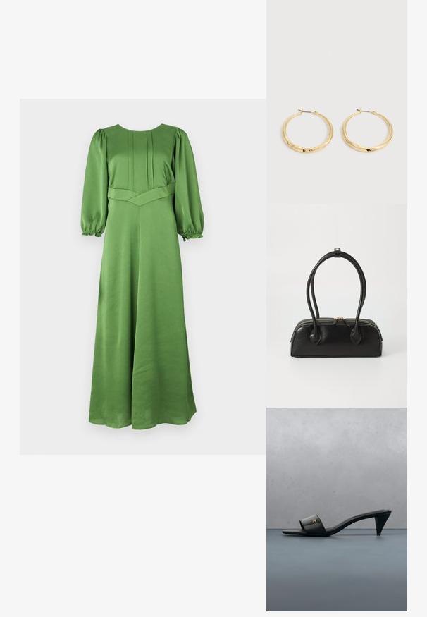 Groene jurk met lange mouwen, gemaakt van een gladde stof, met een aansluitende lijfje met plooien en een uitlopende rok. Puffmouwen met elastische manchetten.; Zwarte leren open-teen sandaal met hak en een gouden logo op het bandje, zwevend boven een betegeld buitenoppervlak met groen op de achtergrond.; Zwarte leren handtas met twee verlengde handvatten, ritsluiting en ronde vorm; gladde textuur met subtiele glanzende afwerking.; Een paar gepolijste gouden oorringen met dunne pennen en scharnierende sluitingen, tentoongesteld op een effen lichtgrijze achtergrond.