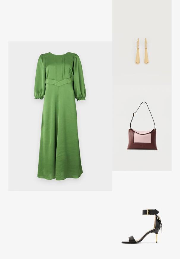 Groene jurk met lange mouwen, gemaakt van een gladde stof, met een aansluitende lijfje met plooien en een uitlopende rok. Puffmouwen met elastische manchetten.; Zwarte leren sandalen met hak en vierkante neus, enkelband met een gouden gesp en een slanke metalen hak. Soepele textuur, minimalistisch ontwerp.; Rechthoekige leren schoudertas in bordeauxrood met een lichtroze voorvak en een verstelbare zwarte schouderriem.; Oorbellen in goudkleur met glanzende, langgerekte druppelvormige hangers die aan kleine oorringen hangen, op een witte achtergrond.