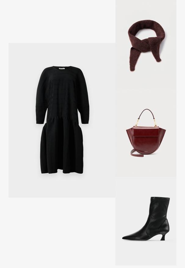 Vestido midi negro con textura, de mangas largas, cintura fruncida y escote redondo, exhibido sobre un fondo blanco.; Bota negra de cuero hasta media pantorrilla con puntera puntiaguda y tacón bajo tipo kitten, vista de lado sobre un fondo claro y liso.; Bufanda color granate hecha de un material suave y esponjoso; presenta un diseño de bucle continuo con dos extremos afilados. La textura parece cálida y acogedora.; Bolso de mano de cuero rojo oscuro con asa superior, herrajes dorados, bolsillo delantero con solapa y correa larga, sobre un fondo claro y liso.