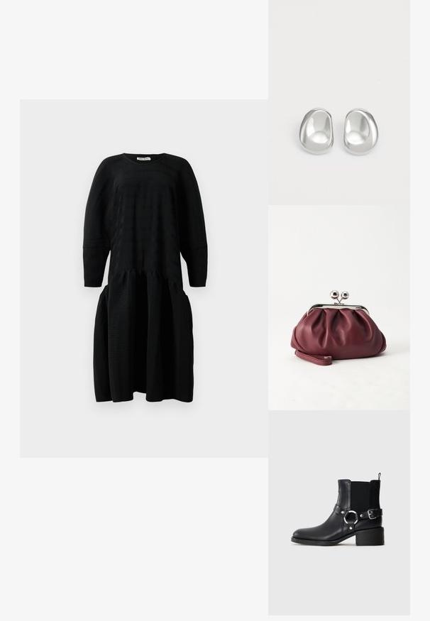 Robe midi noire texturée avec manches longues, taille froncée et col rond, présentée sur un fond blanc.; Bottine en cuir noir avec boucles latérales et détail en anneau, panneau latéral élastique, petit talon carré et languette de tirage sur fond uni.; Petit sac pochette en cuir bordeaux avec fermoir métallique argenté et bracelet sur fond blanc.; Clous d'oreilles en argent au design lisse et arrondi, présentant une surface réfléchissante et des courbes douces, offrant une apparence organique semblable à celle d'un galet.