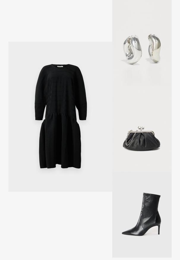 Schwarzes, strukturiertes Midikleid mit langen Ärmeln, geraffter Taille und rundem Halsausschnitt, vor einem weißen Hintergrund präsentiert.; Schwarze Stiefeletten aus glattem Leder, mit einer spitzen Zehe, schmalem Schaft und schlanker, hoher Ferse. Minimalistisches Design ohne sichtbare Beschläge.; Schwarze Leder-Clutch mit geraffter Textur, silberfarbener Metallrahmen, Druckverschluss und Kettenriemen. Glatte, weiche Oberfläche.; Silberne skulpturale Ohrringe mit glatten, geschwungenen Formen und reflektierenden Oberflächen. Sie verfügen über ein geschlossenes Ringdesign und eine ausgeprägte organische Form.