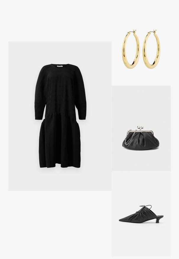 Schwarzes, strukturiertes Midikleid mit langen Ärmeln, geraffter Taille und rundem Halsausschnitt, vor einem weißen Hintergrund präsentiert.; Schwarze Leder-Mules zum Hineinschlüpfen mit spitzer Zehe, geraffter Textur und kleinem Kitten-Heel. Verfügt über ein Zugbanddetail am Öffnung.; Schwarze Leder-Clutch mit geraffter Textur, silberfarbener Metallrahmen, Druckverschluss und Kettenriemen. Glatte, weiche Oberfläche.; Goldene Creolen mit einer glatten, glänzenden Oberfläche und runder Form. Verfügt über einen einfachen Verschlussmechanismus. Keine zusätzlichen Verzierungen.