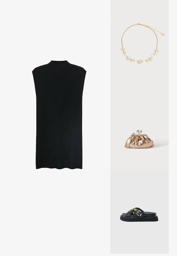 Mustava sleeveless tunika, jossa on korkea kaula-aukko, pehmeä kangas, väljä malli ja suora siluetti. Helmassa on hieman kaareva muoto alhaalla.; Musta liukusandaali, jossa on paksu pohja, ristikkäiset hihnat, joissa kullanvärisiä yksityiskohtia, ja hopeanvärinen solki harmaalla taustalla.; Pieni kultainen metallinen iltalaukku hopeisella lukolla ja ketjuhihnalla yksinkertaisella vaalealla taustalla.; Kultainen ketjukoru, jossa vuorottelevat valkoiset helmet ja kirkkaat kristallikukkakimput, säädettävä lukko ja pieni tähtiriipus.