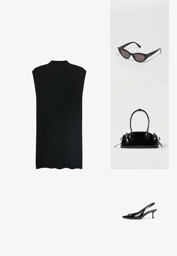 Sort ærmeløs tunika med høj halsudskæring, blødt stof, løs pasform og lige silhuet. Nederste kant er let buet.; Sorte laklæder slingback hæle med spidse tæer og en blank finish. Har en slank hæl og en rund detalje ved vampen.; Cat-eye solbriller med en mat sort ramme og mørke linser, der har "vogue" branding på siden og en karakteristisk vinklet form.; Lille sort blank håndtaske med to lange håndtag og snøre-detaljer i siden på en ensfarvet lys baggrund.