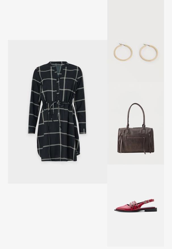 Sort kjole med et gittermønster i hvid, lange ærmer, knaplukning foran og beltedolkning for justerbar pasform. Glat stoftekstur.; Rød spids flad slingback sko med tre sølvspænder og lav sort hæl på hvid baggrund.; Mørkebrun læderhåndtaske med dobbelte håndtag, front lynlåslomme og to lodrette lynlåsdetaljer på siden på en hvid baggrund.; Par af glatte guldfarvede mellemstore øreringe med hængsellukning på en ensartet lys baggrund.