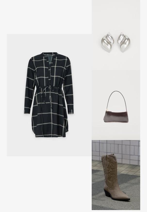 Sort kjole med et gittermønster i hvid, lange ærmer, knaplukning foran og beltedolkning for justerbar pasform. Glat stoftekstur.; Høj, beige cowboystøvle i ruskind med dekorative syninger og nitteaccenter, med spids snude og skråsort hæl på fortovet.; Lille rektangulær mørkebrun lædertaske med en enkelt rem og guldlåselukning.; Sølvøreringe med en organisk, abstrakt form. Glat, skinnende overflade med et tilspidset design. Har subtile kurver og en centrallinje detalje.