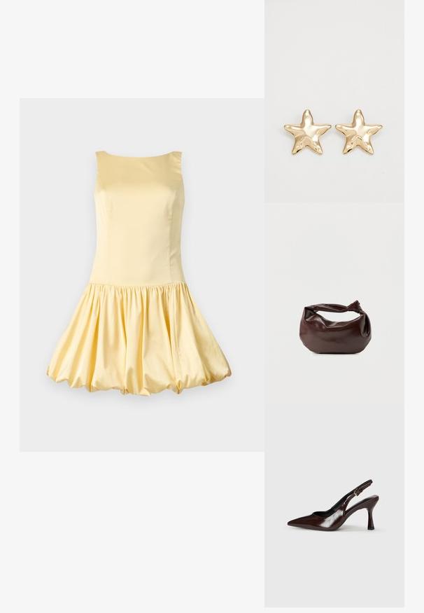 Robe sans manches jaune en tissu lisse, présentant un corsage ajusté et une jupe évasée froncée pour une forme de ballon.; Talons slingback en cuir verni brun avec un bout pointu, un talon fin, et une sangle réglable avec une petite boucle.; Sac bandoulière en cuir marron foncé avec une forme souple et décontractée et une anse nouée torsadée sur un fond blanc uni.; Boucles d'oreilles en forme d'étoile dorée avec une finition lisse et brillante et un design tridimensionnel, comportant cinq pointes et une texture légèrement incurvée.