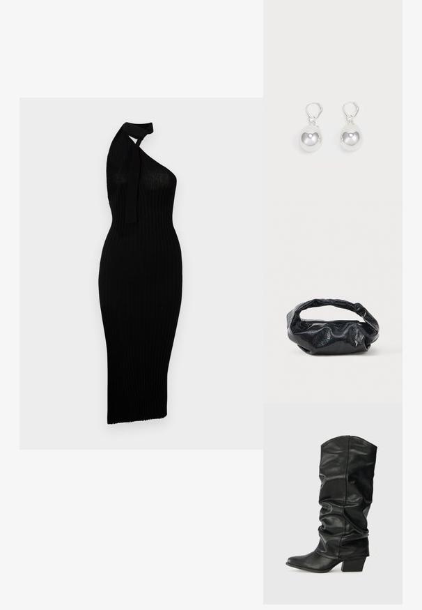 Vestido negro de canalé con un diseño de un solo hombro. Presenta una silueta ajustada y un dobladillo a la altura de la rodilla. Hecho de un tejido elástico.; Botas de cuero negro hasta la rodilla con un diseño arrugado, punta afilada y un tacón grueso, con una textura suave y una costura mínima.; Bolso negro hecho de un material brillante y texturizado con un asa circular retorcida y un cierre de cremallera. Presenta un diseño suave y arrugado.; Pendientes de plata en forma de gota con superficies redondas y reflectantes colgando de cierres de palanca. El fondo es blanco liso.