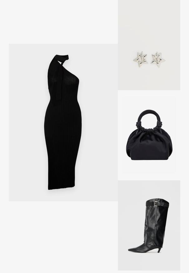 Vestido negro de canalé con un diseño de un solo hombro. Presenta una silueta ajustada y un dobladillo a la altura de la rodilla. Hecho de un tejido elástico.; Bota negra de cuero hasta la rodilla con punta afilada y un pequeño tacón. Presenta un cinturón en la parte superior con una hebilla plateada. Textura suave.; Bolso de tela negra suave con parte superior fruncida y asas redondeadas anudadas en la base, sobre un fondo claro y liso.; Pendientes de aro plateados en forma de estrella con un acabado liso y pulido sobre un fondo blanco liso.