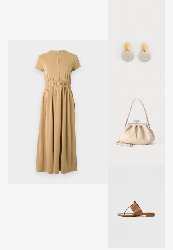 Robe midi beige à manches courtes, taille froncée, encolure arrondie avec petite fente devant, et jupe fluide.; Sandale plate marron avec une large bride et une fine lanière en forme de tongs ornée d'un nœud sur le dessus, sur fond gris clair uni.; Sac à main en cuir souple beige avec un fermoir en métal argenté, une bandoulière simple et une bandoulière chaîne optionnelle sur fond blanc.; Boucles d'oreilles en métal doré et argenté avec une base en disque rond et une pièce supérieure ovale, texture lisse et finition polie.