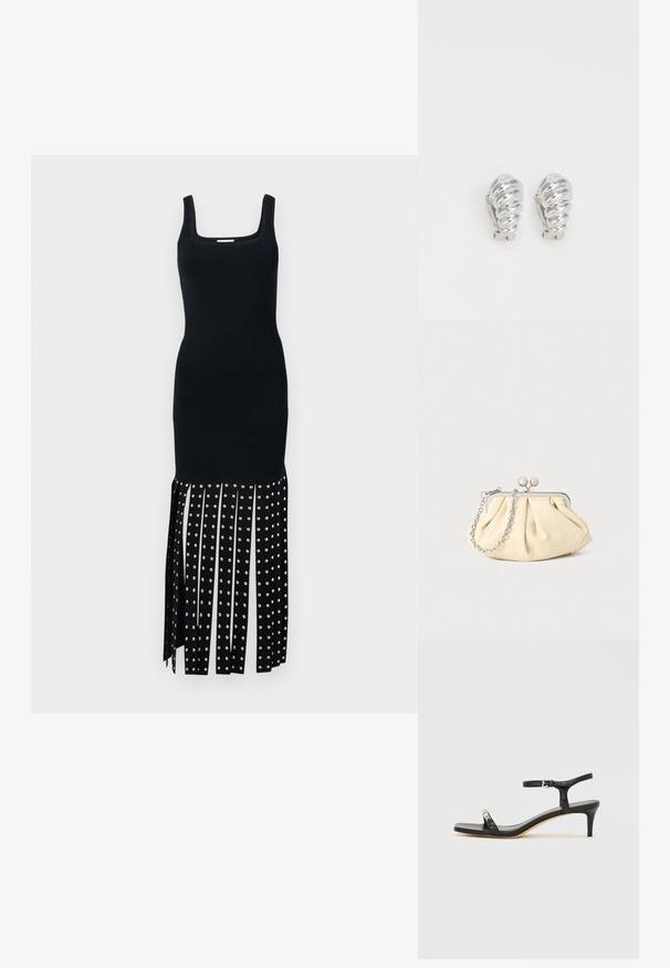 Robe midi noire sans manches avec encolure carrée et franges verticales cloutées au bas.; Sandale noire en cuir à talon avec bride à la cheville, bout ouvert, devant carré et accent en métal argenté. Design ajusté avec un profil élégant.; Pochette en cuir beige plissé avec un cadre en métal argenté, dotée de deux fermoirs ronds décoratifs et d'une chaîne en argent.; Boucles d'oreilles en clip argentées avec un design en spirale, présentant une texture métallique lisse et des formes arrondies. Pas d'embellissements ou de motifs visibles.