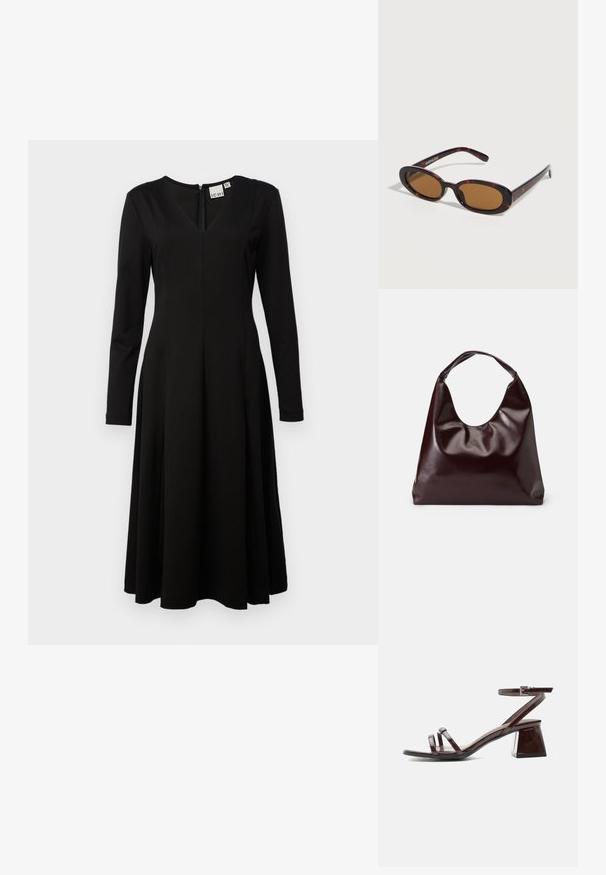 Robe noire à manches longues avec décolleté en V, corsage cintré, jupe évasée en A et fermeture éclair au dos. Fabriquée en tissu lisse et léger.; Sandale en cuir verni marron foncé avec talon bloc, bride à la cheville avec boucle et deux fines lanières sur les orteils sur fond blanc.; Lunettes de soleil ovales en écaille avec des verres teintés marron et des branches fines reposant sur une surface blanche.; Sac en cuir vegan bordeaux, brillant, avec une forme douce et sculpturale et une large poignée incurvée pour un transport facile.