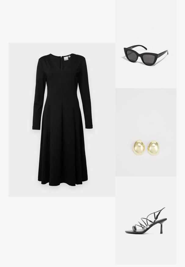 Robe noire à manches longues avec décolleté en V, corsage cintré, jupe évasée en A et fermeture éclair au dos. Fabriquée en tissu lisse et léger.; Sandale noire à talon haut avec fines lanières courbées, accents argentés et boucle de cheville réglable sur fond blanc.; Lunettes de soleil noires en forme d'œil de chat avec une finition mate, dotées de verres teintés gris, d'angles aigus et de branches élégantes. Nom de la marque visible sur la branche intérieure.; Boucles d'oreilles en métal doré avec une forme lisse et arrondie et une finition polie. Design simple sans embellissements supplémentaires.